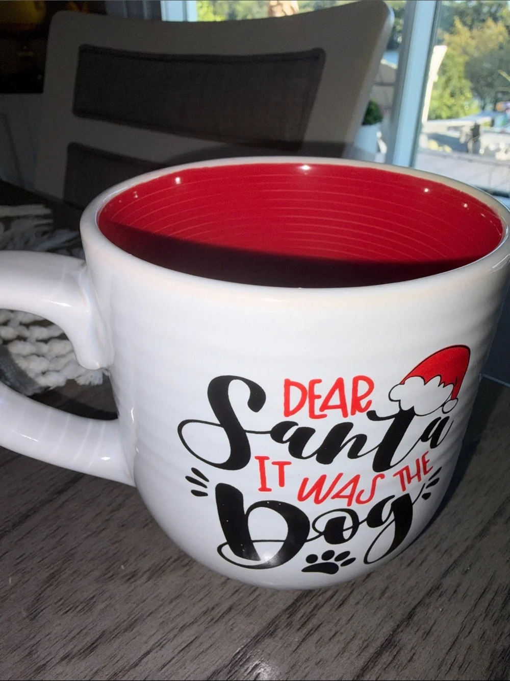 Holiday Ceramic Mug - 'Dear Santa It Was The Dog' White with Red Interior